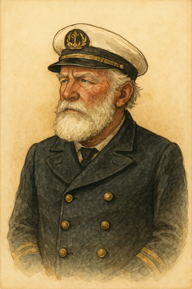 An illustrated court card from one of Right Bower's card decks: an old ship's captain.